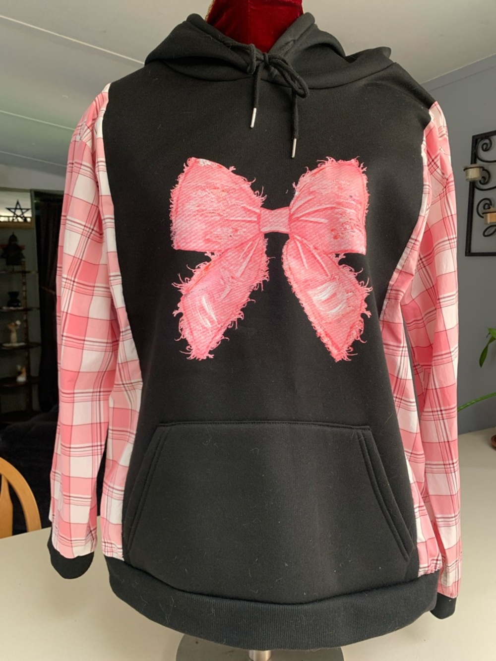 Upcycled Black Hoodie with Pink Distressed Bow Graphic  & Pink Plaid Sleeves